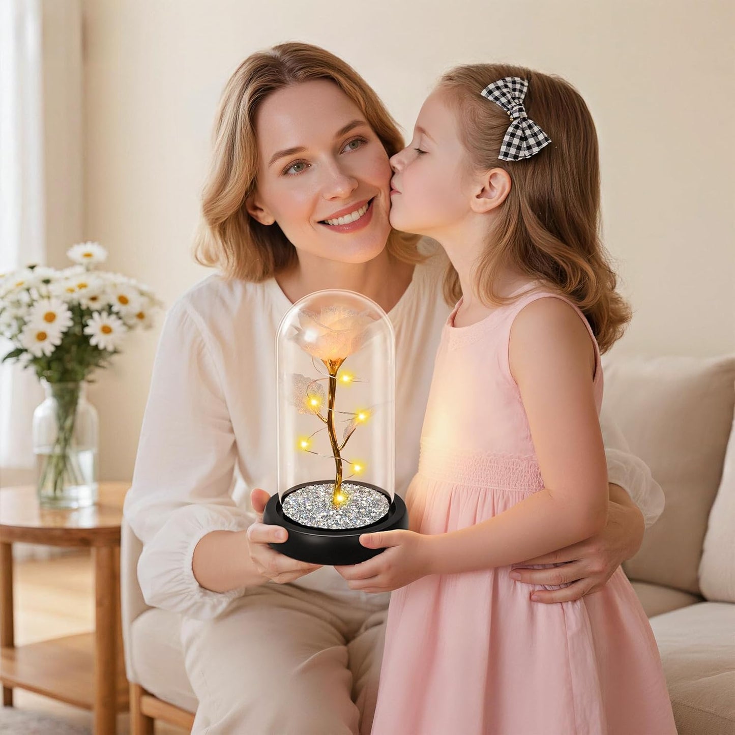 Childom Birthday Gifts for Women,Christmas Flowers Gifts for Her,Crystal Light Up Rose in A Glass Dome with Sparkling Base,Sweet White Rose Flower Gift for Wife Mom Grandma Anniversary Valentines