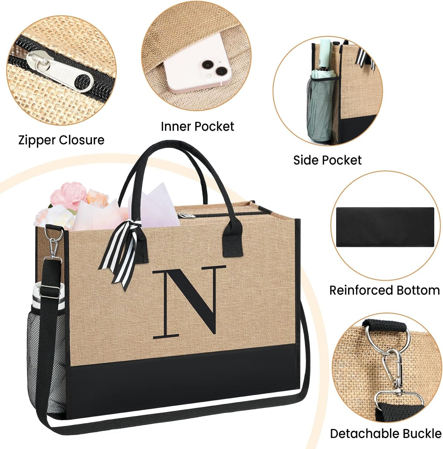 BAGAIL Initial Tote Bag, Personalized Birthday Gifts for Women, Teacher, Friends, Mom, Wedding, Monogrammed Beach Bag