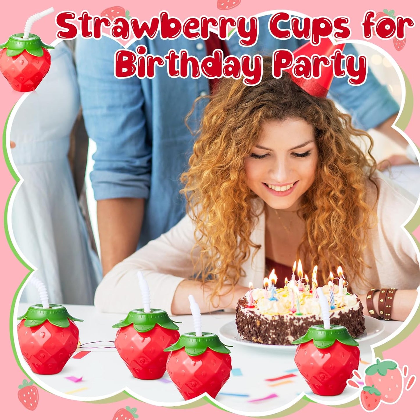 Havawish 24 Pcs Strawberry Shaped Cup with Lids and Straws, 17oz Strawberry Birthday Party Supplies Plastic Portable Reusable Cute Cups Water Bottle for Girls Women Drinking