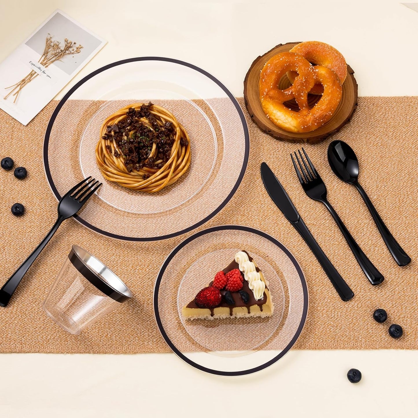 100PCS Black and Clear Plastic Plates, Black Disposable Plate Set with 50 Dinner Plates and 50 Dessert Plates for Party, Halloween, New year