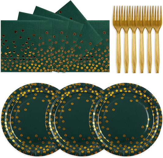 75PCS Paper Plates and Napkins Set - Green and Gold Dot Disposable Party Dinnerware Includes Paper Plates, Napkins, Forks Decorations for Father's Day Graduations Birthdays and Weddings, Serves 25