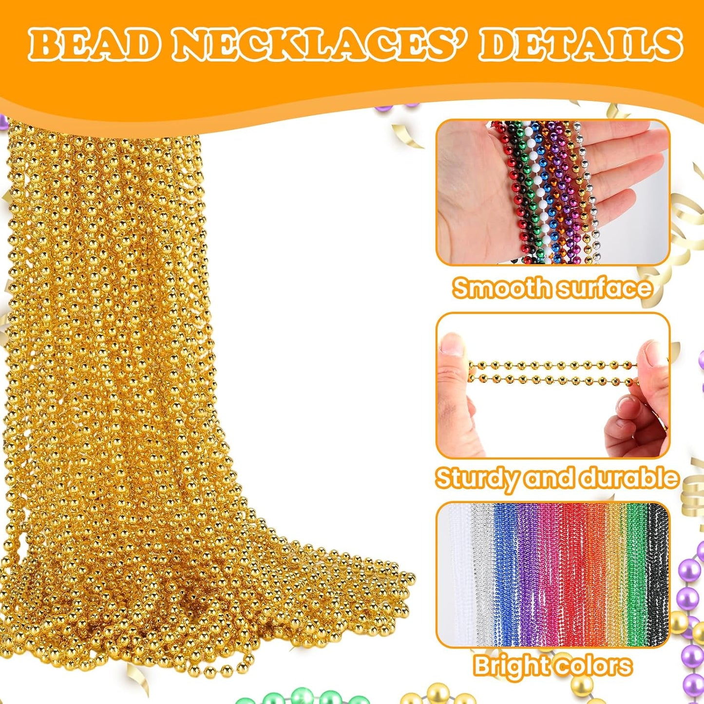 220 PCS Gold Bead Necklace, 33 Inch Mardi Gras Christmas Beads, Bulk Metallic Party Beads for Mardi Gras Parade, St Patricks Day, Wedding, Birthday, Pirate Party, Carnival Party Favors