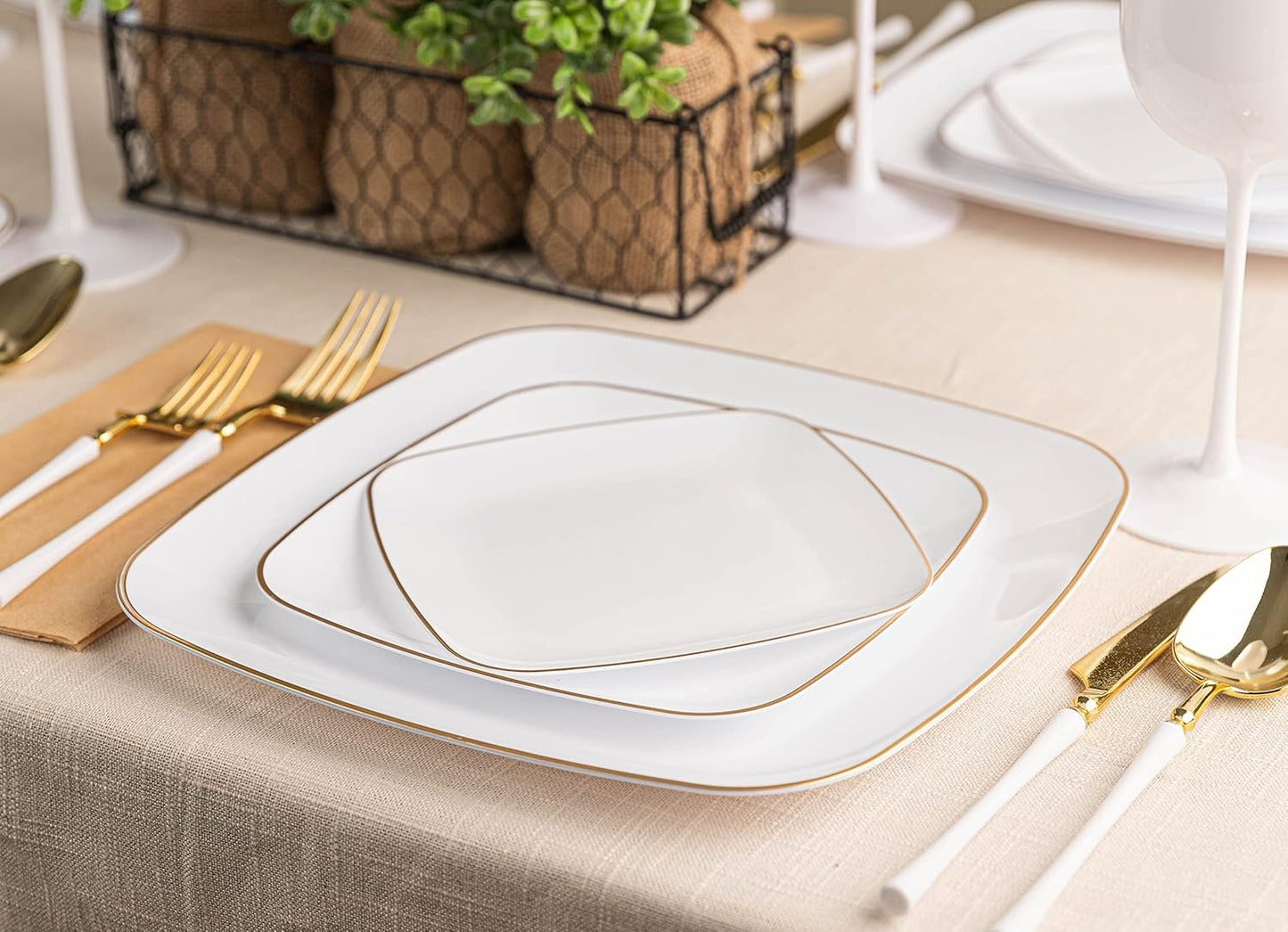 PLASTICPRO Square 64 Piece Combo Plates Set includes 32 x 7'' inch Plates & 32 x 10'' inch Dinner Plates White Plastic Gold Rim Design Party Plates, Premium heavyweight Elegant, Dishes,