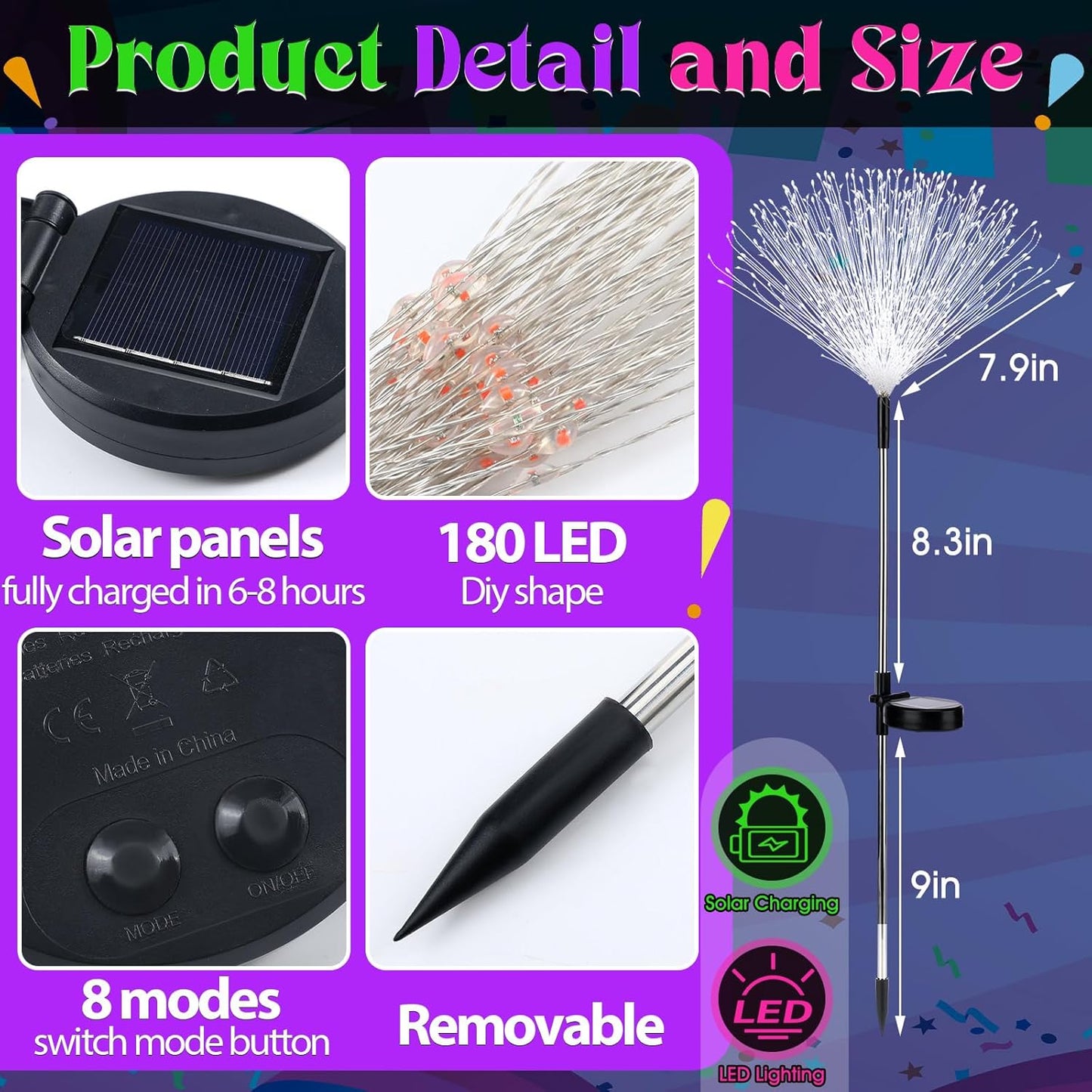 4 Pack Christmas Solar Firework Lights Decorations Garden Pathway Solar Power Light Stake Waterproof Landscape Lamp with 180 LED 8 Modes for Christmas Party Decoration(Green, Yellow, Purple)