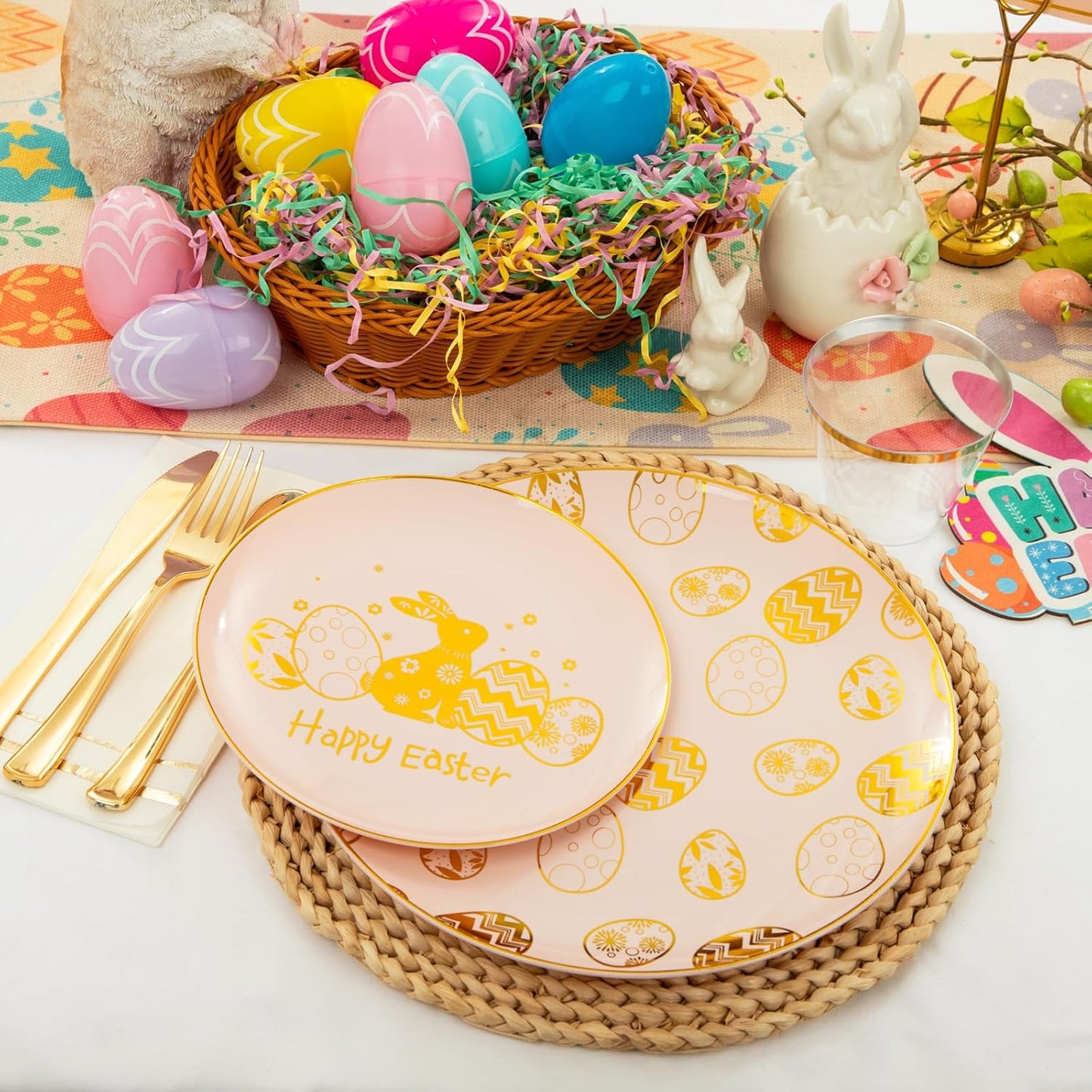 GATHER 175Pcs Easter Plates with Gold Bunny - Pink Plastic Plates Dinnerware Includes 25 Easter Egg Plates and 25 Dessert Plate, 25 Silverware, 25Cups, 25 Napkins, Perfect for Easter Party