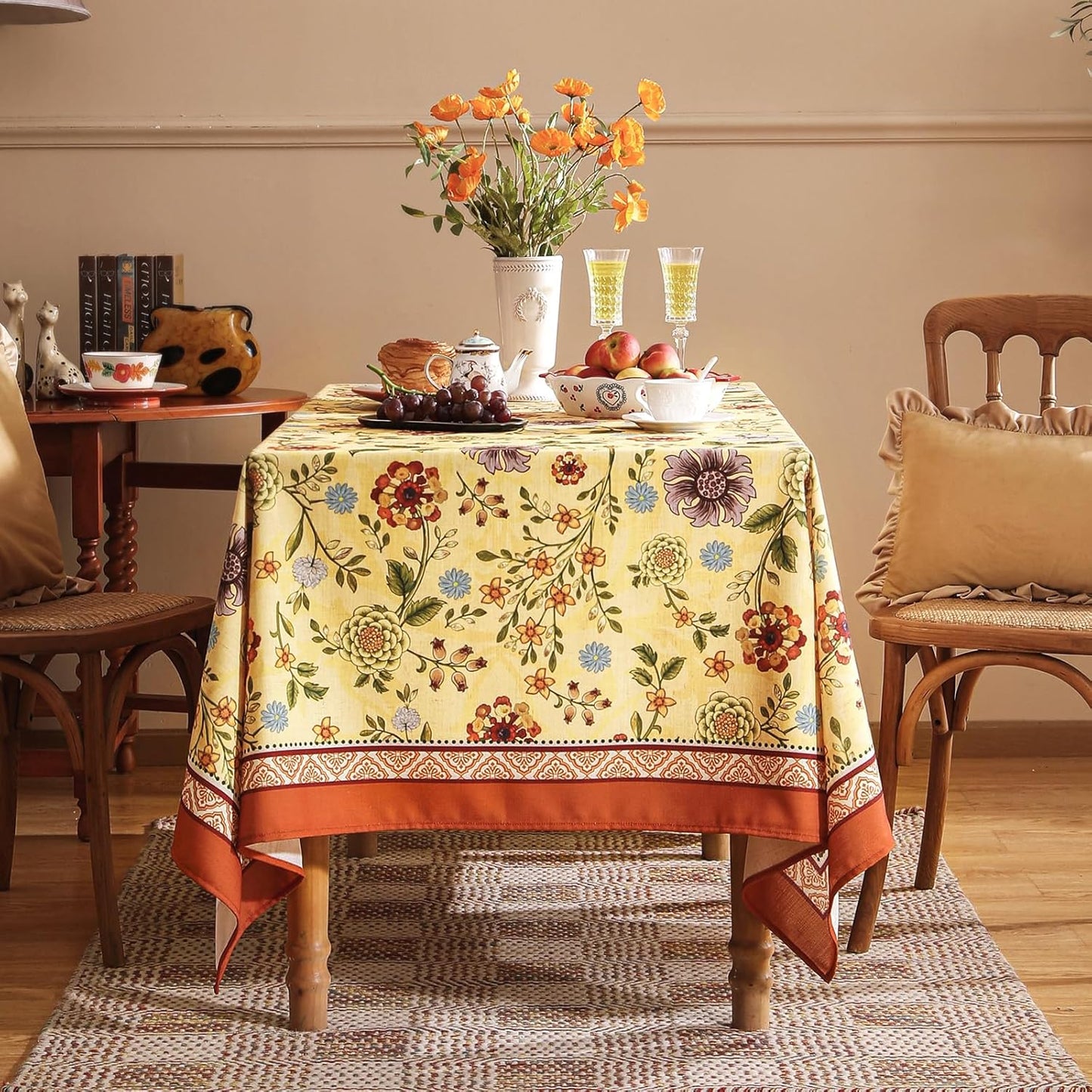 Vintage Linen Small Tablecloth for Square Table,Yellow Floral French Wrinkle Free Tablecloths,Decorative Table Cover for Kitchen,Dining,Thanksgiving,Christmas,55"*55"-Bellano