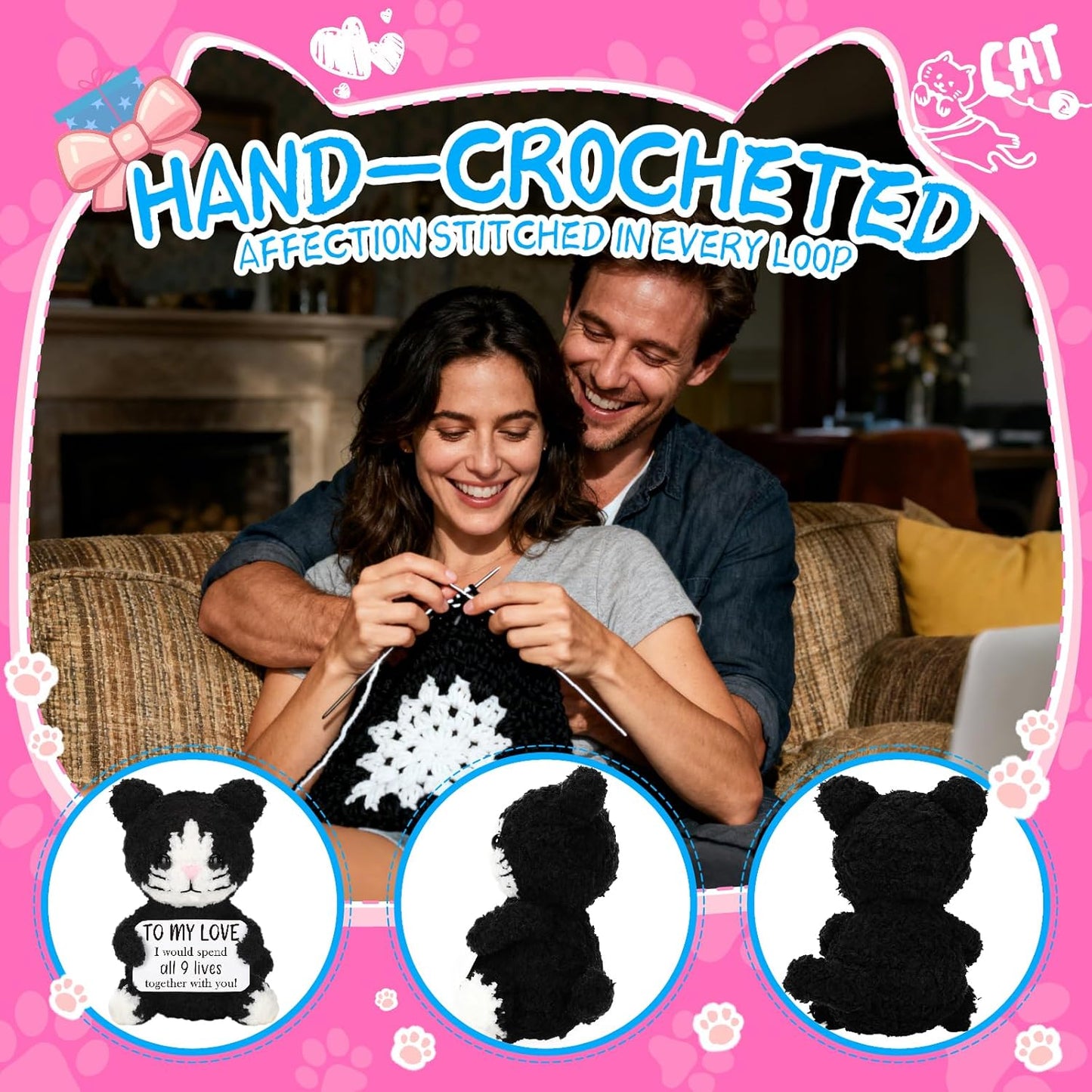 Love You Gifts for Him Her Boyfriend Girlfriend, Handmade Crochet Black Cat, Anniversary Wedding Christmas Birthday Gift for Women Men, Romantic to My Love Gifts for Wife Husband Couple
