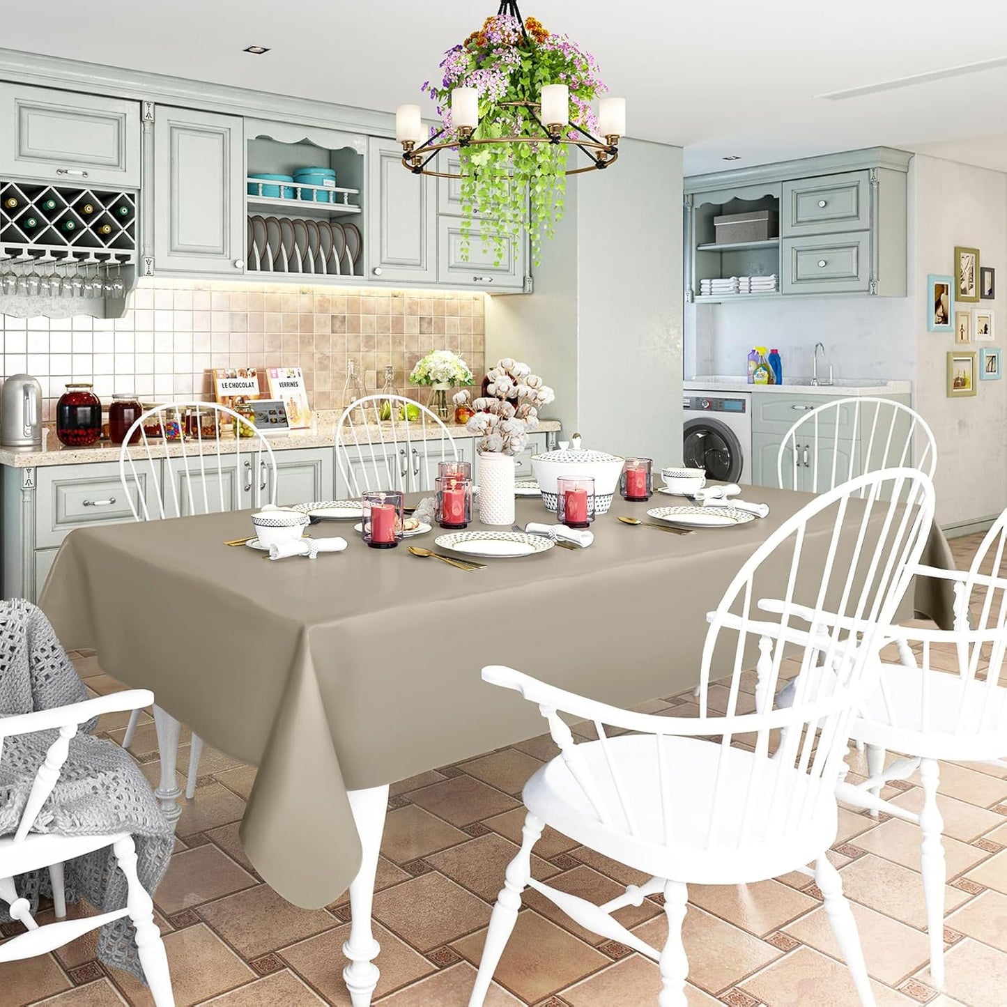 homing Rectangle Vinyl Tablecloth, Waterproof Spillproof Plastic Flannel Backed Table Cloth, Wipe Clean Table Cover for Dining, Buffet Parties and Camping (Taupe, 60" x 120")