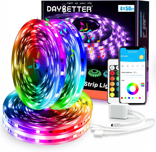 DAYBETTER Led Strip Lights Smart with App Control Remote, 5050 RGB for Bedroom, Music Sync Color Changing for Room Party 200 ft (4 Rolls of 50 ft)