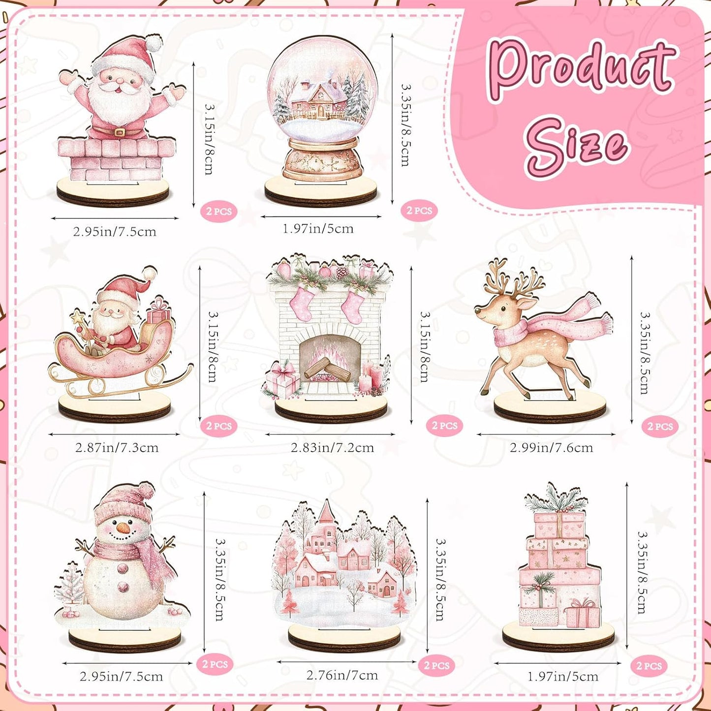 16 Pcs Wooden Pink Christmas Table Centerpiece Cute Watercolor Xmas Tabletop Detachable Sign Farmhouse Snowman Deer Santa Table Toppers Display Decor Birthday Photo Props Party Favor Supplies