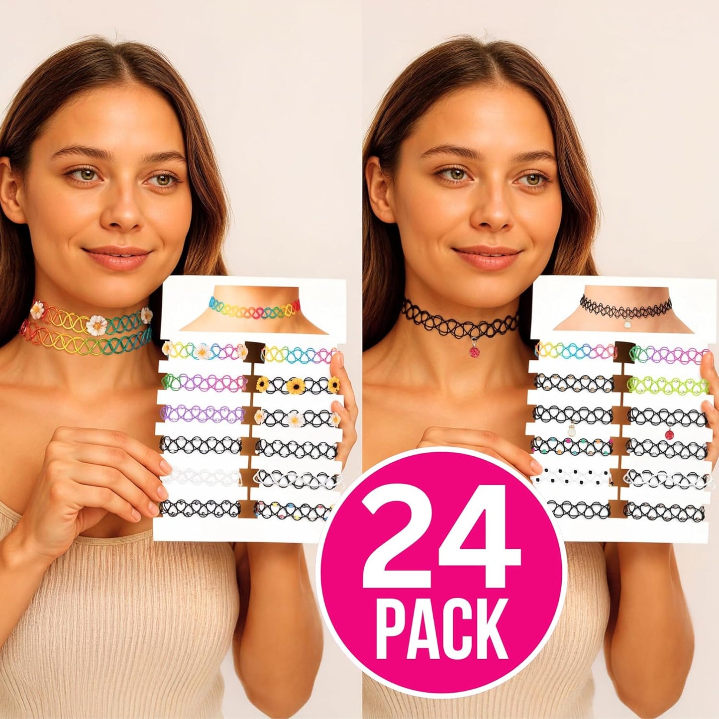 BodyJ4You 24PC Tattoo Choker Necklace - 90s Choker Necklaces Y2K Fashion Trendy Vintage - Daisy Flower Charm Colorful Rainbow Black Goth Pendant - Stretchy Elastic Necklace Summer Gift Set