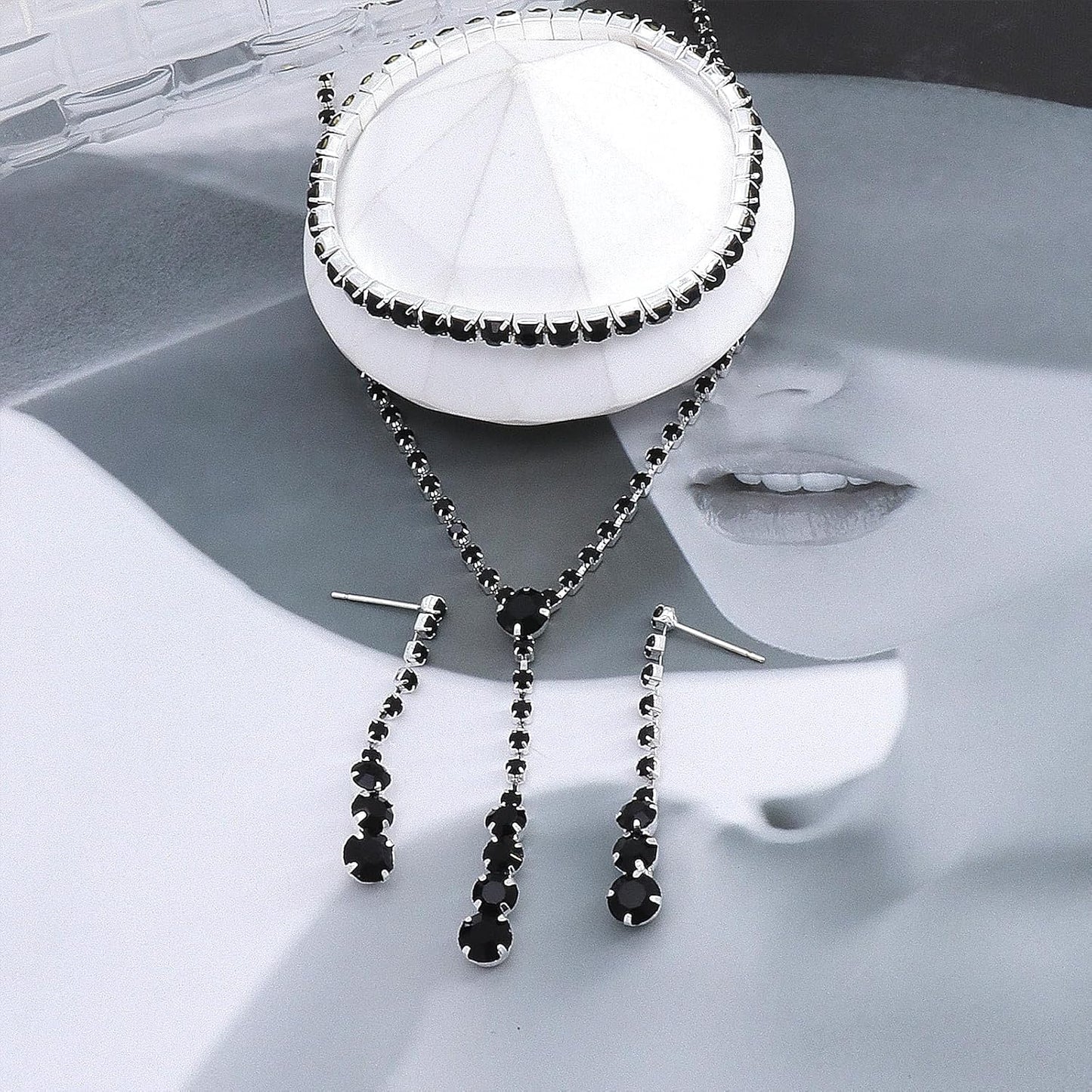 GIGB PBDK Dainty Silver Jewelry Set Crystal Rhinestone Pendant Necklace Bracelet Earrings Trendy Bridal Wedding Prom Dresses Costume Jewelry Sets for Women Wife