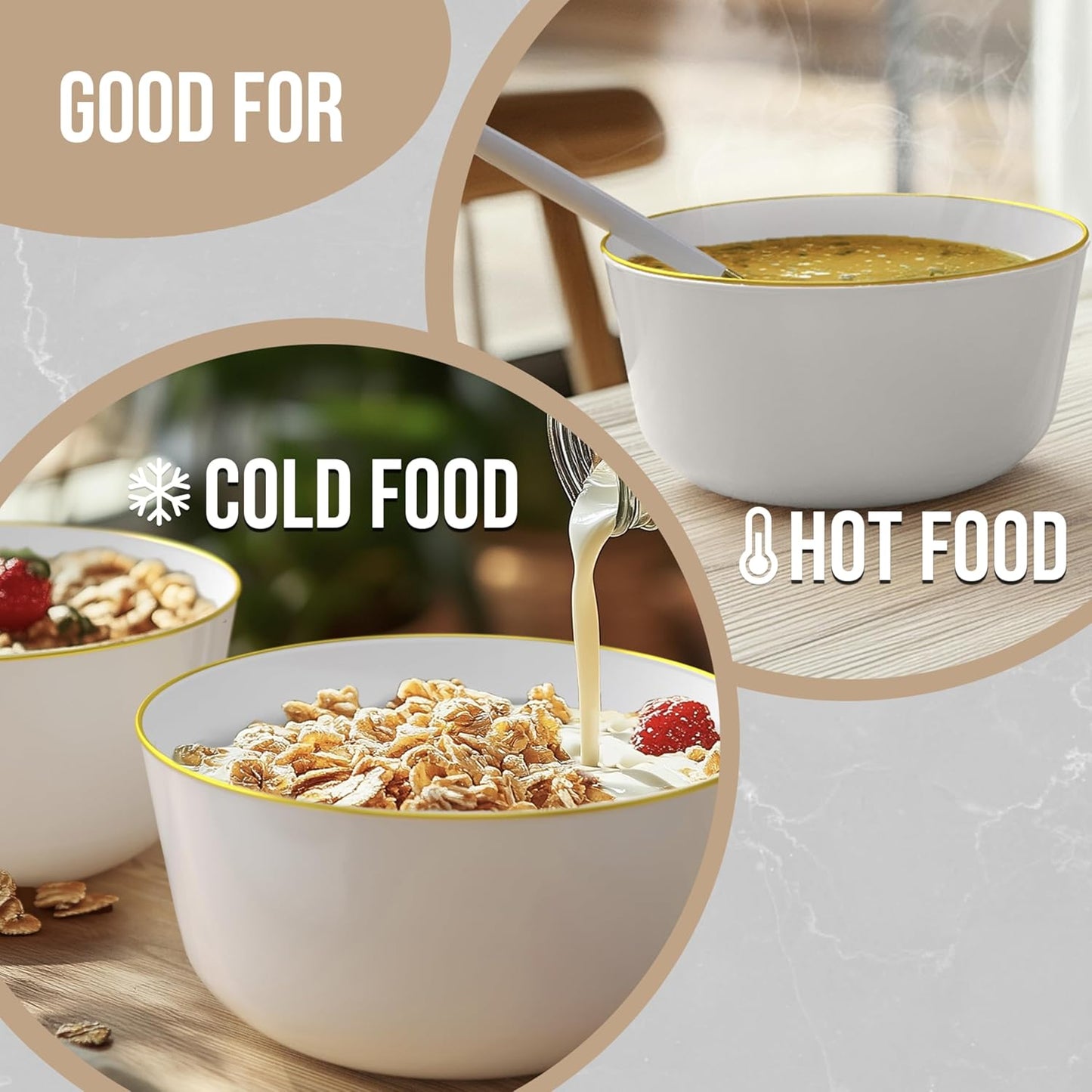 Trendables Disposable Bowls - 24 Oz Set of 10, Gold Rimmed Fancy Plastic Serving & Ice Cream Bowls