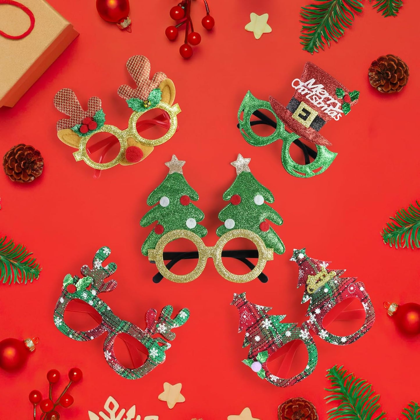 30Pcs Christmas Glasses for Kids & Adults, Festive Glitter Party Eyewear for Family Classroom Christmas Parties, Holiday Photo Booth Props Decorations Games Favors Accessories
