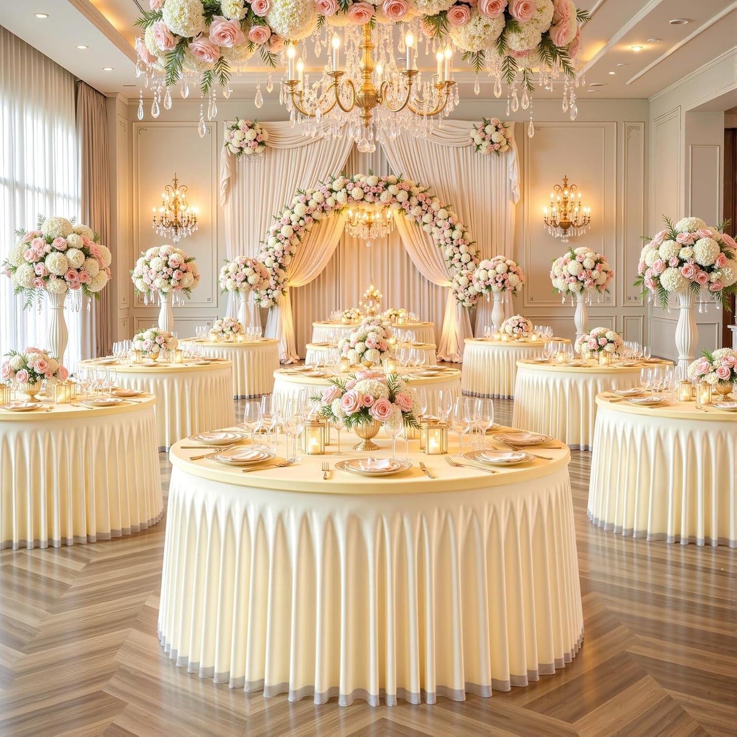 Champagne Tulle Round Tablecloth for 60 inch Tables, Spandex Fitted 5FT Champagne Round Table Covers with Tulle Tutu Skirt for Baby Shower Wedding Birthday Party Cake Banquet Table Decoration