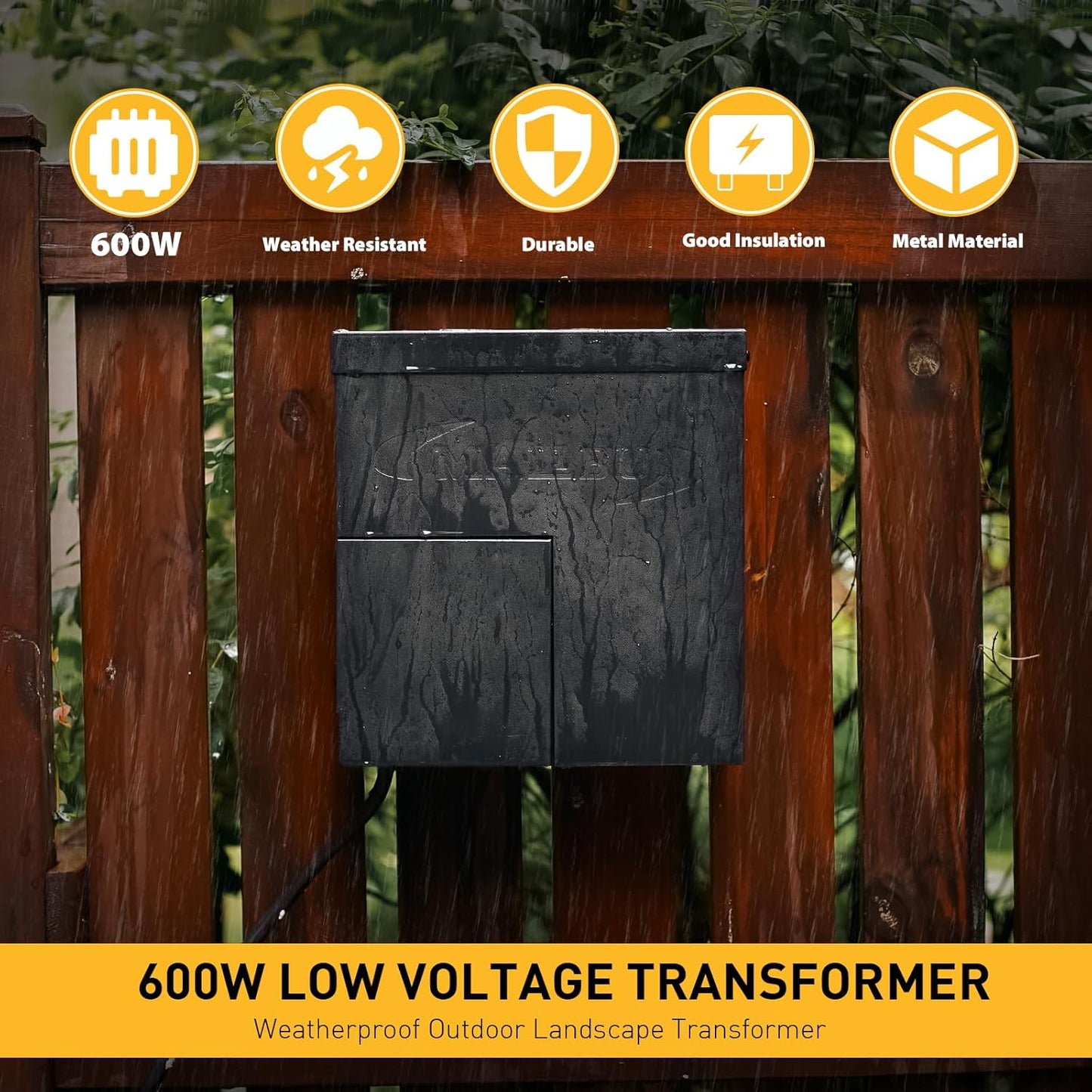 MALIBU 600W Low Voltage Transformer Outdoor Landscape Lighting Transformer 120V AC to 12V AC with Sensor and Weather Shield for Garden LED Lighting, Spotlight, Pathway Light, ETL Listed