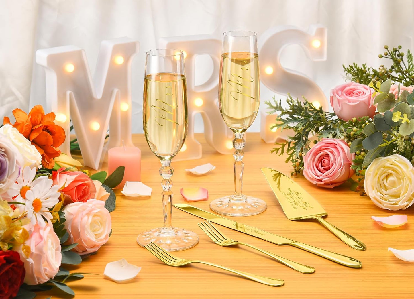 Wedding Cake Knife and Server Set with Forks, Classical Style Crystal Champagne Flutes Toasting Glasses for Bride and Groom, Wedding Gifts for Couples, Engagement and Bridal Shower Gifts