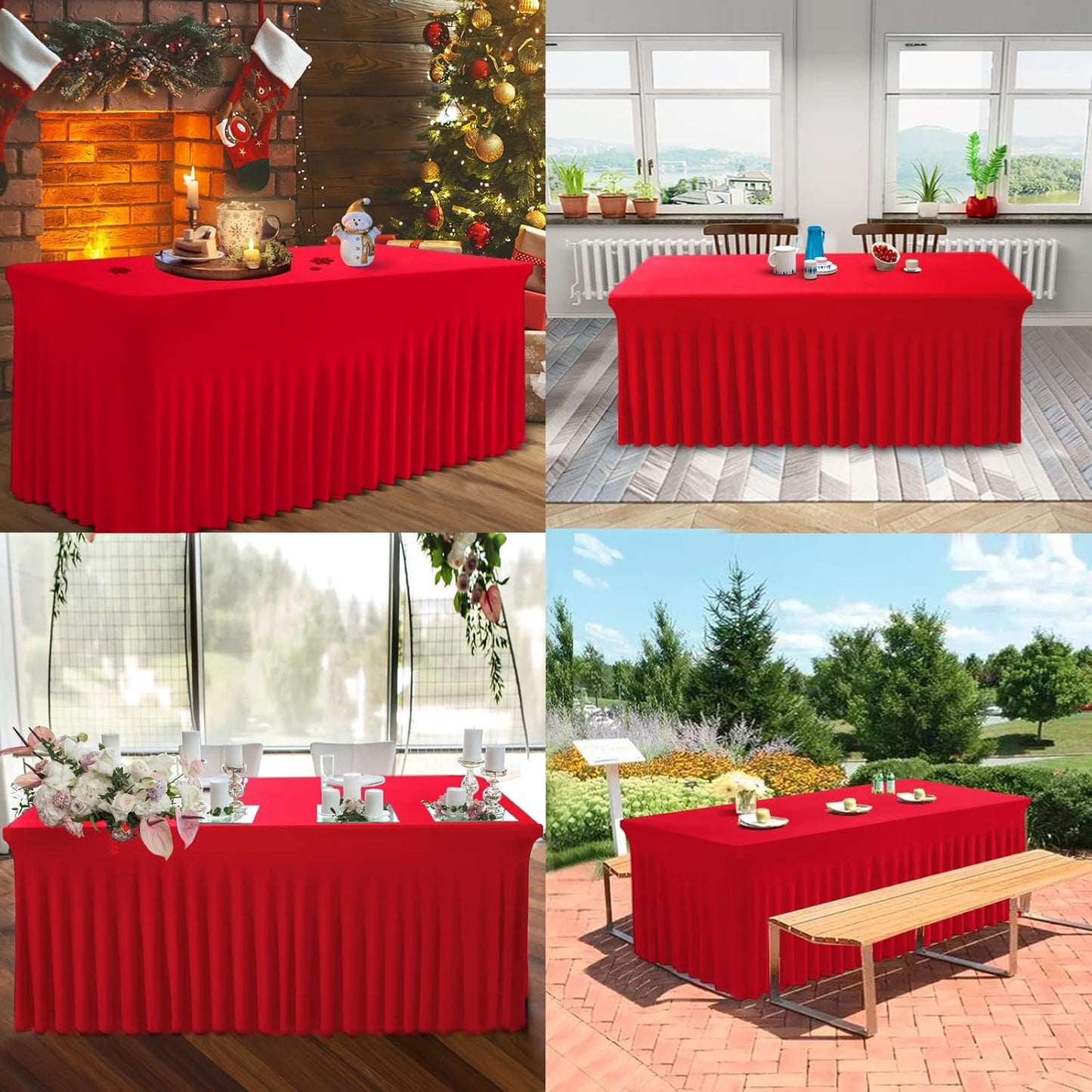 Table Skirts for Rectangle Tables 8ft - 2 Pack One-Piece Red Tablecloths and Skirt, Wrinkle Resistant Ruffles Elastic Cover for Banquets, Weddings, Events, Parties