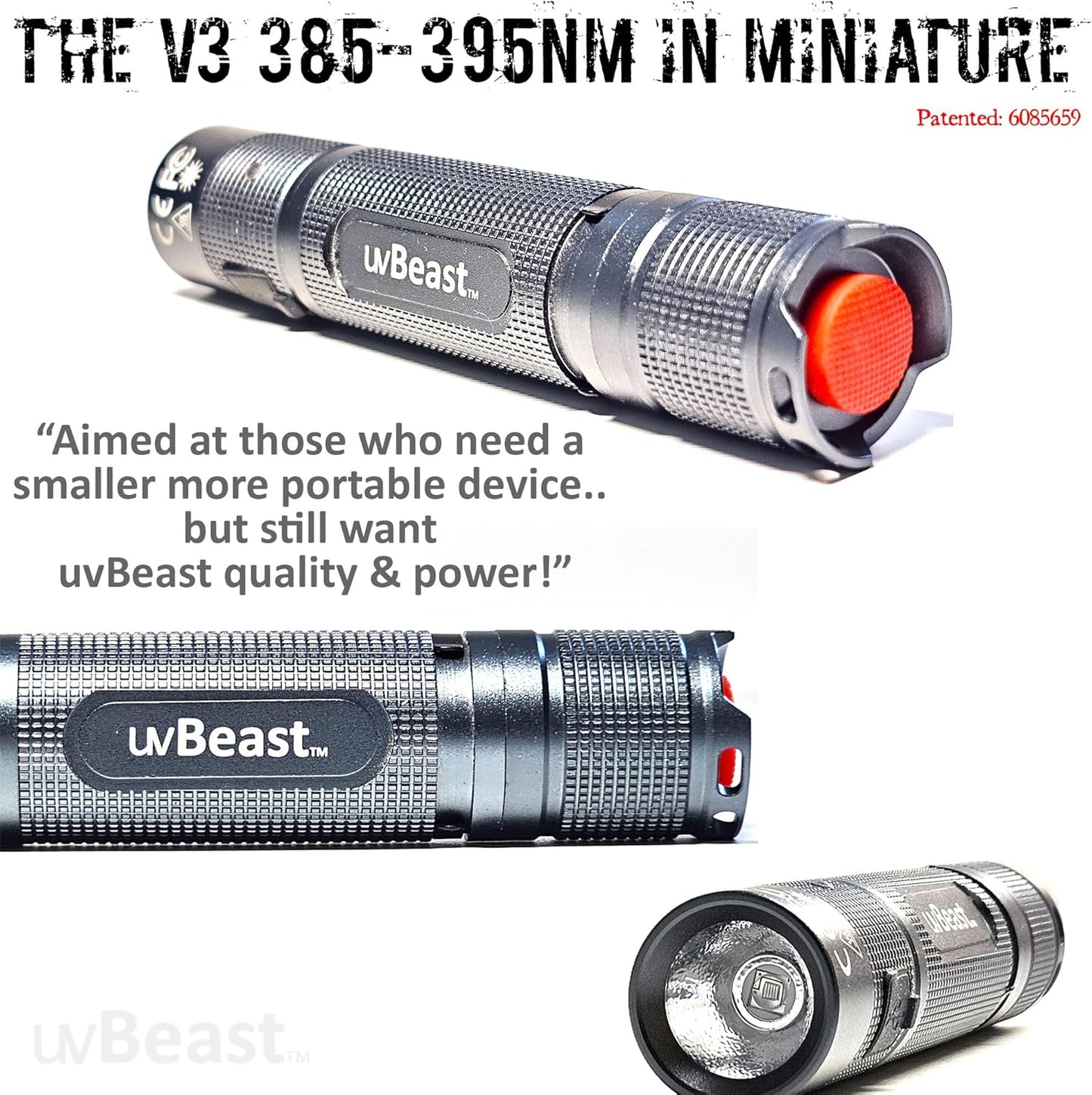 uvBeast New V3 MINI 385-395nm - Black Light UV Flashlight – Low Contamination Ultraviolet - Professional Grade High Power 5 Core UV LED – USA Stock