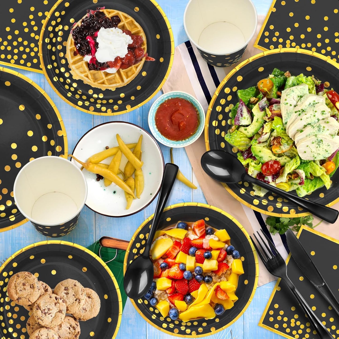 350Pcs Black and Gold Party Supplies, Severs 50 Golden Dot Black Paper Plates Party Dinnerware Include Black Plastic Forks Knives Golden Napkins Cups Spoons Knives for Retirement,Graduation, Birthday