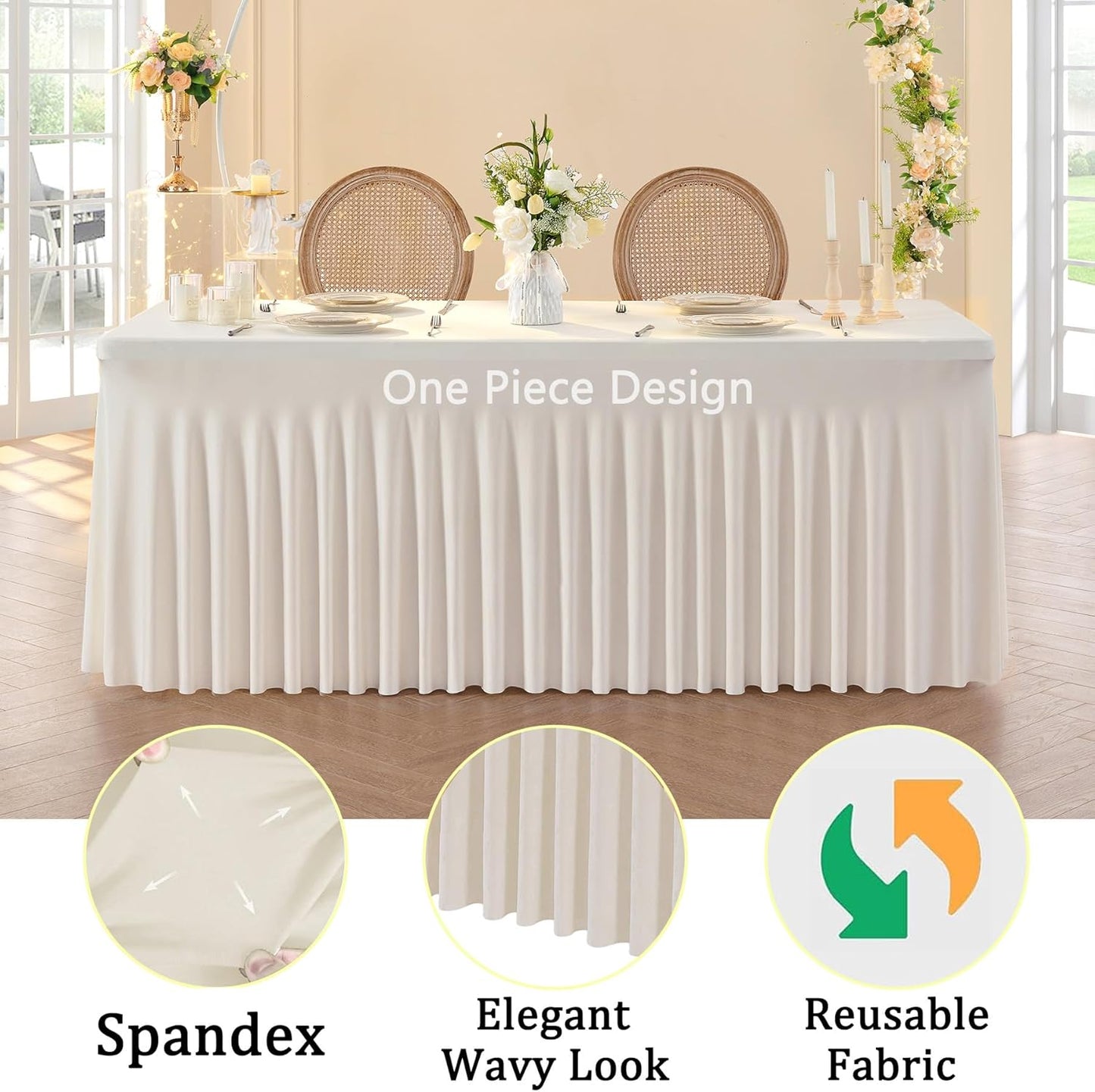 2 Pack Spandex Ivory Table Clothes for 8 Foot Rectangle Tables, Stretch Table Cloth 8ft Fitted Table Cover Desk Skirt for Parties Weddings Birthday Banquet Baby Shower
