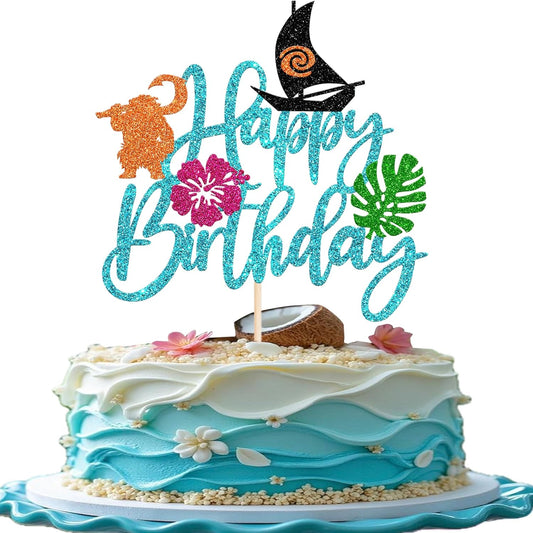 1 Pack Moana Cake Toppers Glitter Palm Leaf Moana Cake Picks The Sea is Calling Hawaiian Tropical Cupcake Decorations for Luau Summer Baby Shower Birthday Party Supplies Blue