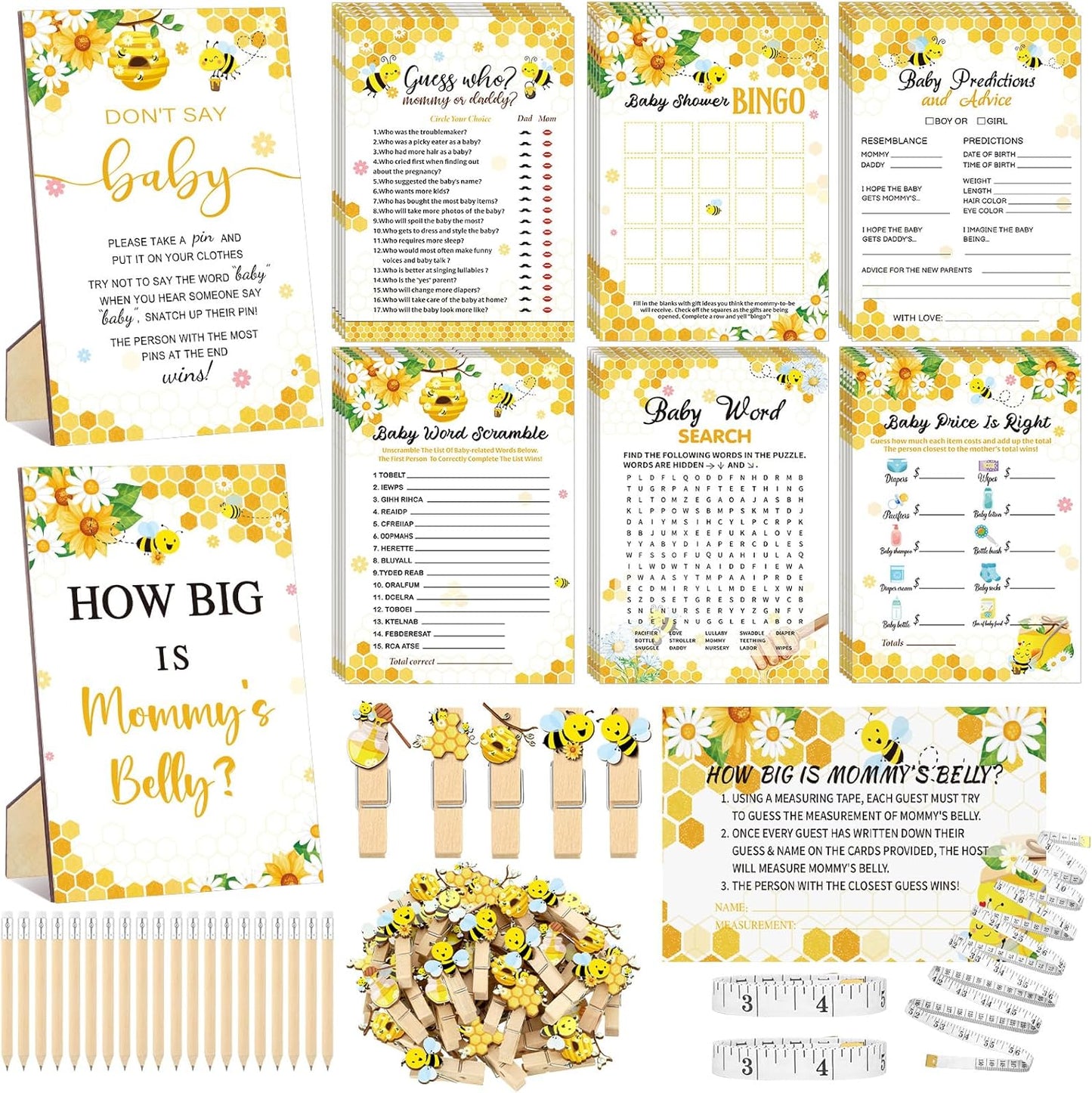 426 Pcs Bee Baby Shower Games Set-8 Games, Includes Baby Shower Bingo, Price is Right, Guess Who, Word Scramble, Prediction and Advice, How Big is Mommy's Belly, Don't Say The Words