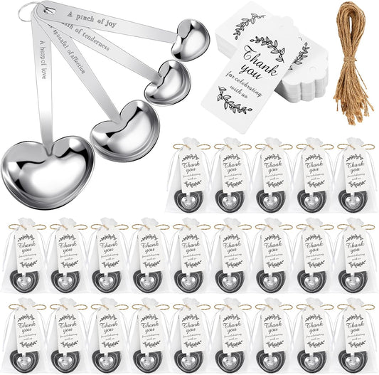 Umigy 100 Set Heart Shaped Measuring Spoon Tea Spoons Wedding Baby Shower Favors for Guests Set Heart Shape Drawstring Organza Bag Gift Tag Rope for Wedding Bridal Shower Souvenir (Silver)
