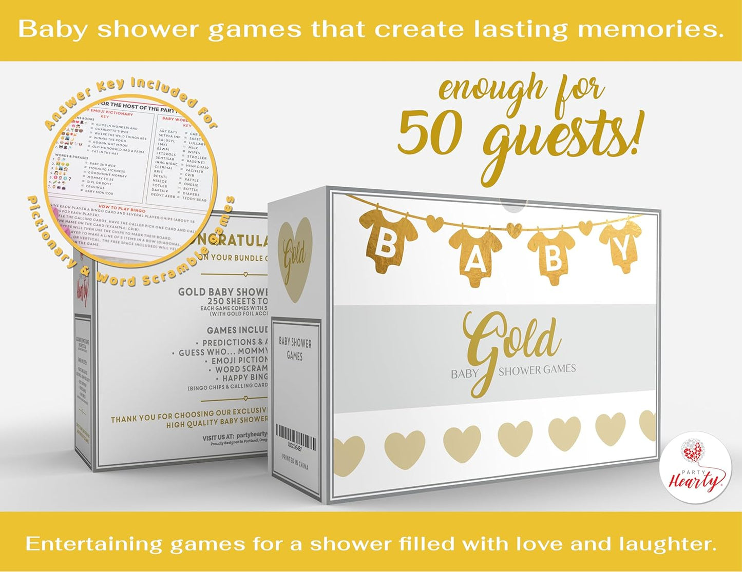 Party Hearty Baby Shower Games for Girl or Boy, 250 pcs 5 Games Activities Cards, Funny Baby Shower Games, Gender Neutral, Baby Shower Ideas