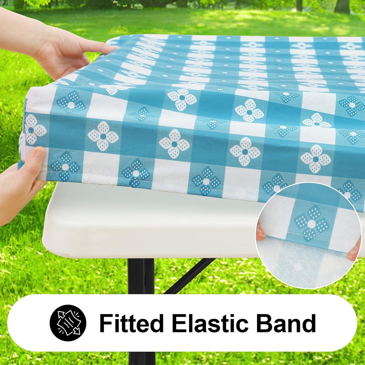 Rectangle Vinyl Table Cloth, Waterproof Elastic Fitted Tablecloth with Flannel Backing, Plastic Table Cover for Picnic, Camping, Outdoor (White & Aqua, 30"x60")