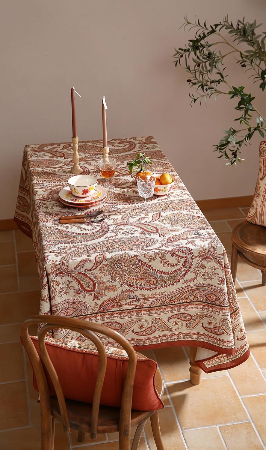 ISAENNE Designer French Red Small Square Tablecloth,Fall Linen Table Cloth with Cashew Pattern,Stain Proof Decor Tablecloths for Dining Thanksgiving Kitchen Christmas,55"*55"-Chauffrey D