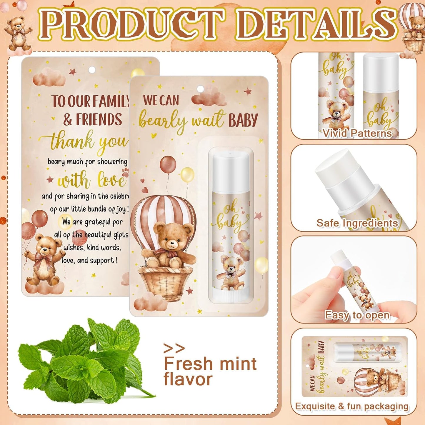 50 Pack Bear themed Baby Shower Favor Baby Shower Lip Balm Party Gifts for Guest Games Prizes Friends Gender Reveal Girls Boys Halloween Thanksgiving Christmas