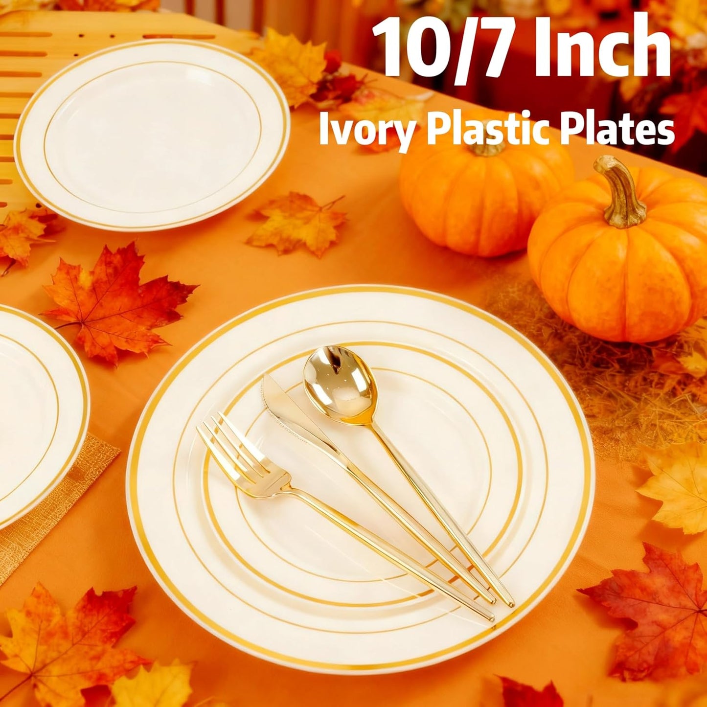 U-QE 100pcs Thanksgiving Plastic Plates for Party - Ivory Gold Plastic Plates Disposable Heavy Duty - Include 50 10" Dinner and 50 7" Dessert Plate, Perfect for Party, Wedding, Fall & Friendsgiving