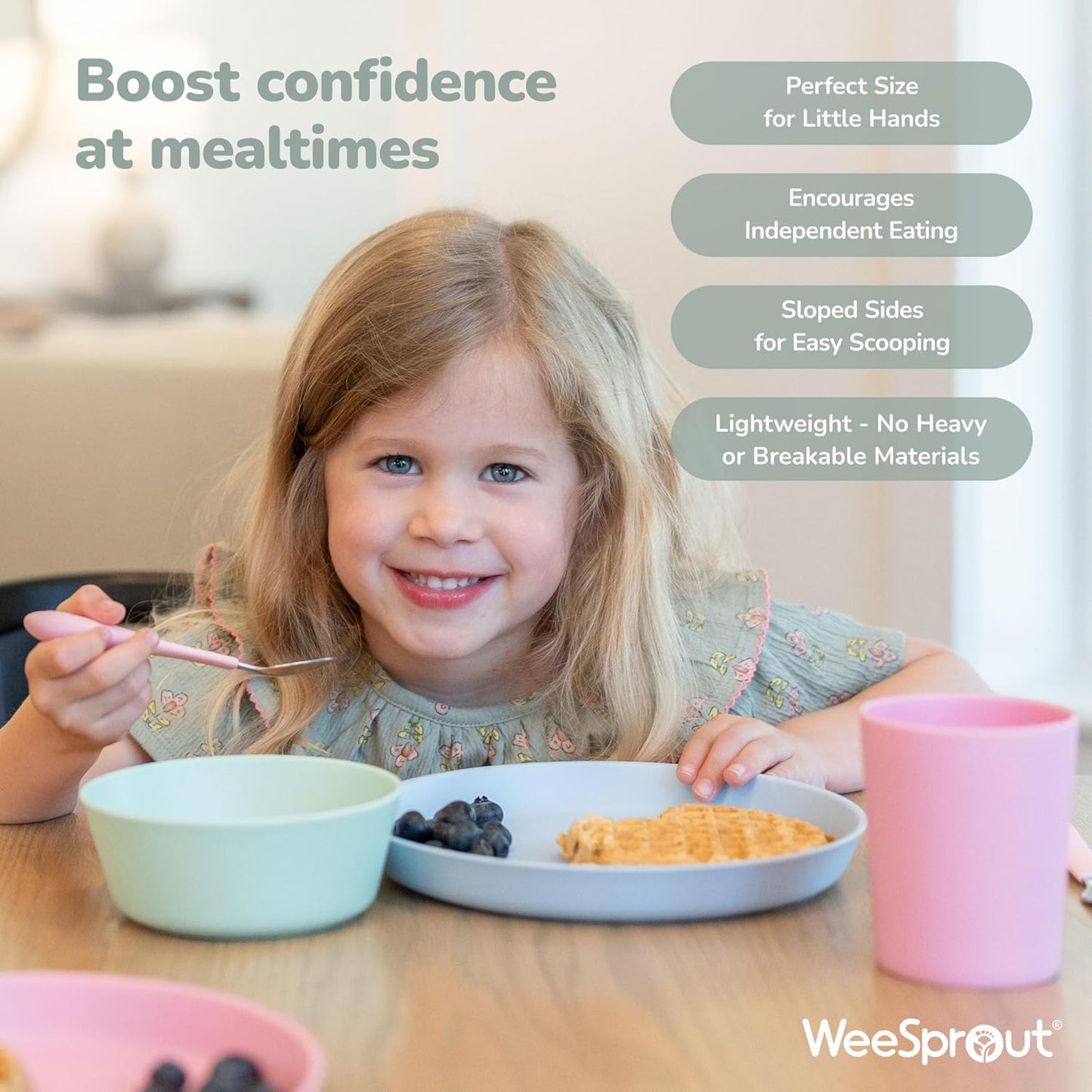 WeeSprout Bamboo Plates, Set of 4, Kid-Sized Dinnerware, Dishwasher Safe Melamine Dishware (Pastel Coral, Blue, Mint & Off White, Without Lids)