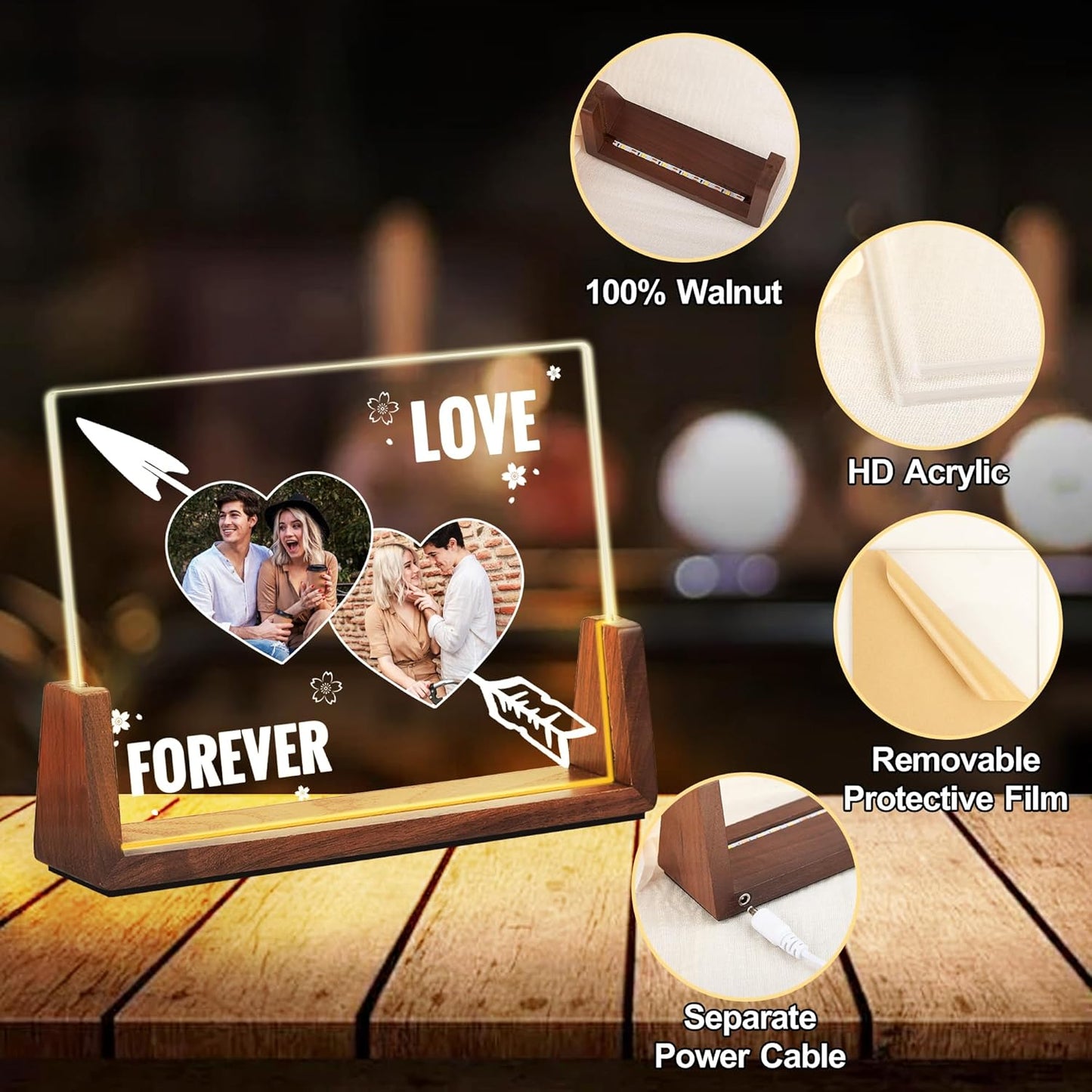 Personalized Couple Gifts For Girlfriend Boyfriend Him Her, Custom Acrylic Plaque Light Up Picture Frame With Photo, Birthday Anniversary Wedding Gifts For Women Men Husband Wife