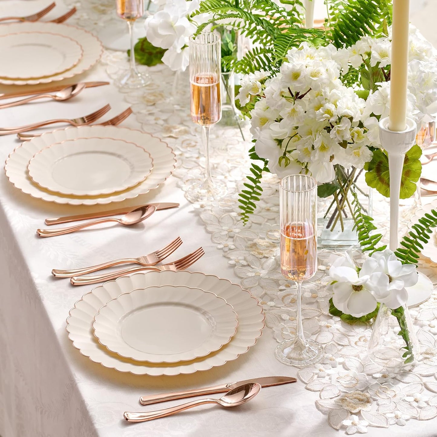 By Madee HEAVYWEIGHT 175 Pc Thanksgiving Plastic Plates and Napkins Sets – Ivory Scalloped Plates with Rose Gold Trim | Fall Disposable Dinnerware Set | Host Beautifully (25 Guests)