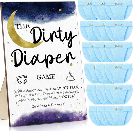 Roowest 51 Pcs Dirty Diaper Baby Shower Games Funny Wooden Sign with 50 Pcs Mini Diapers Cute Felt for Gender Reveal Party Baby Shower(Star Moon)