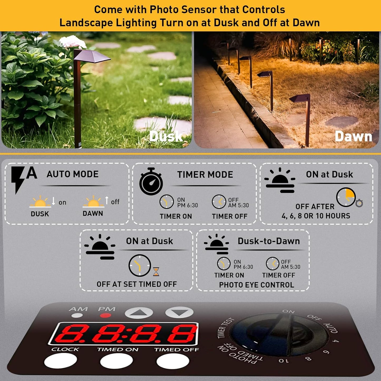 MALIBU 600W Low Voltage Transformer Outdoor Landscape Lighting Transformer 120V AC to 12V AC with Sensor and Weather Shield for Garden LED Lighting, Spotlight, Pathway Light, ETL Listed