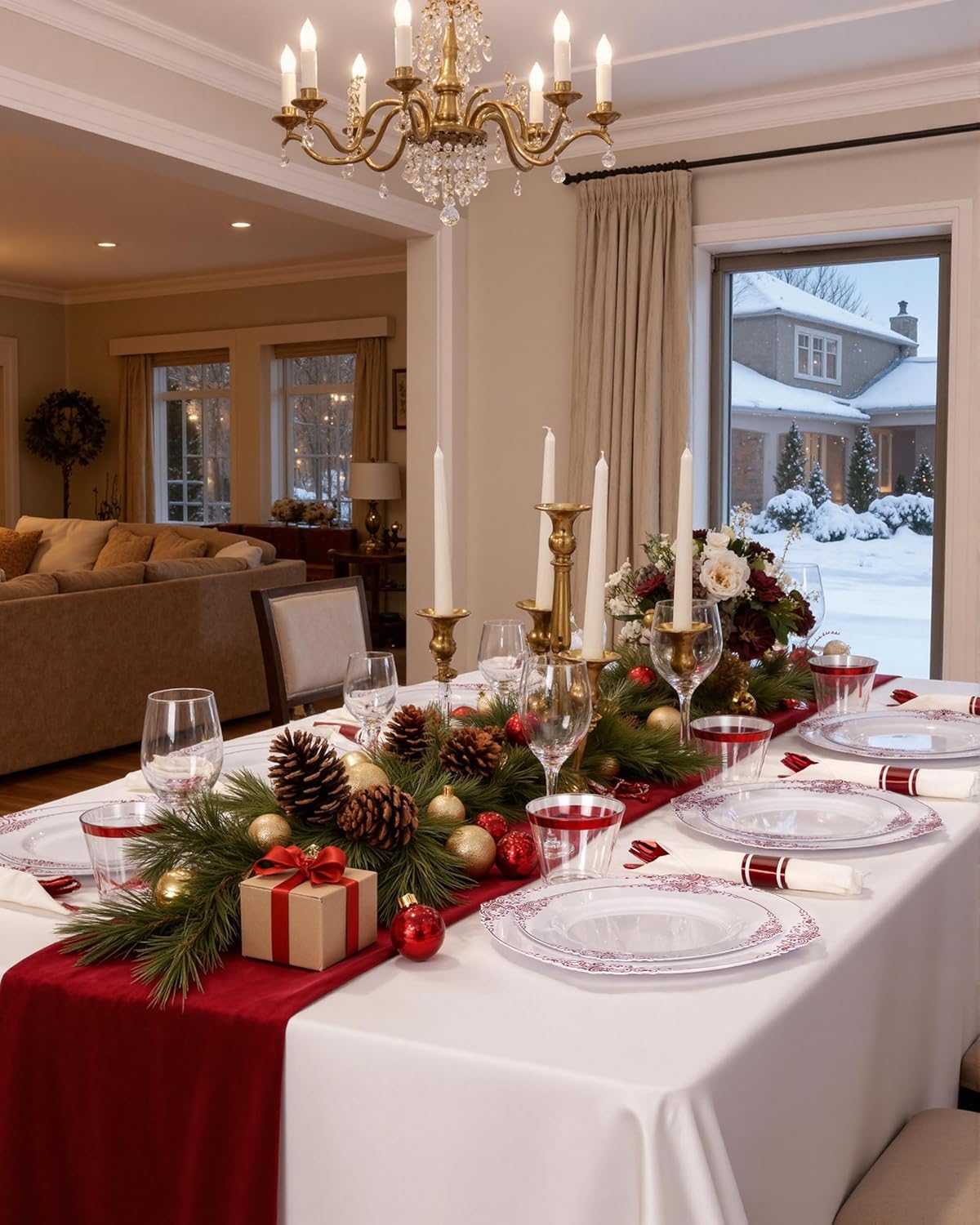 Nervure 350PCS Red Plastic Plates - White Red Plastic Dinnerware Set for 50 Guests - 100 Red Disposable Plates, 50 Pre Rolled Cutlery Set, 50 Cups Perfect for Wedding, Party & Christmas