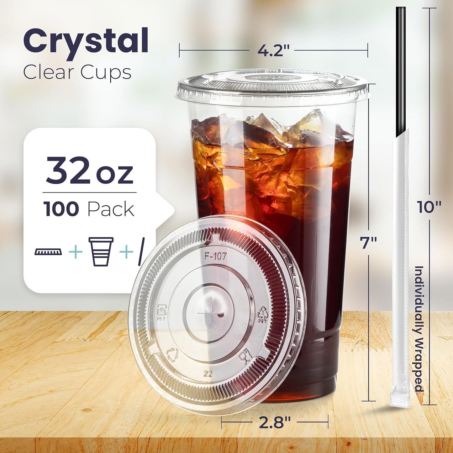Fit Meal Prep 100 Pack 32 oz Plastic Iced Coffee Cups with Flat Lids and Black Straws, Disposable Clear Cup, BPA Free Cup for Party, Smoothie, Cold Drinks, Juice, Milkshake, Bubble Boba, Tea