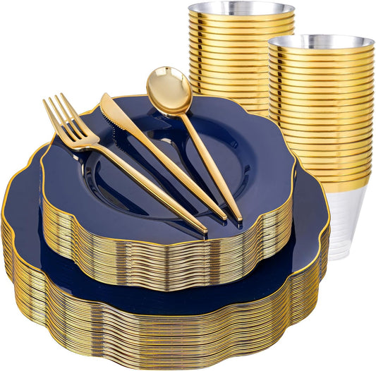 bUCLA 180PCS Blue Plastic Plates - Navy Blue and Gold Rim Disposable Include 30 Each (Dinner & Dessert) Plates, 30 Knives, 30 Forks, 30 Spoons and 30 Cups, Ideal for Party & Gathering