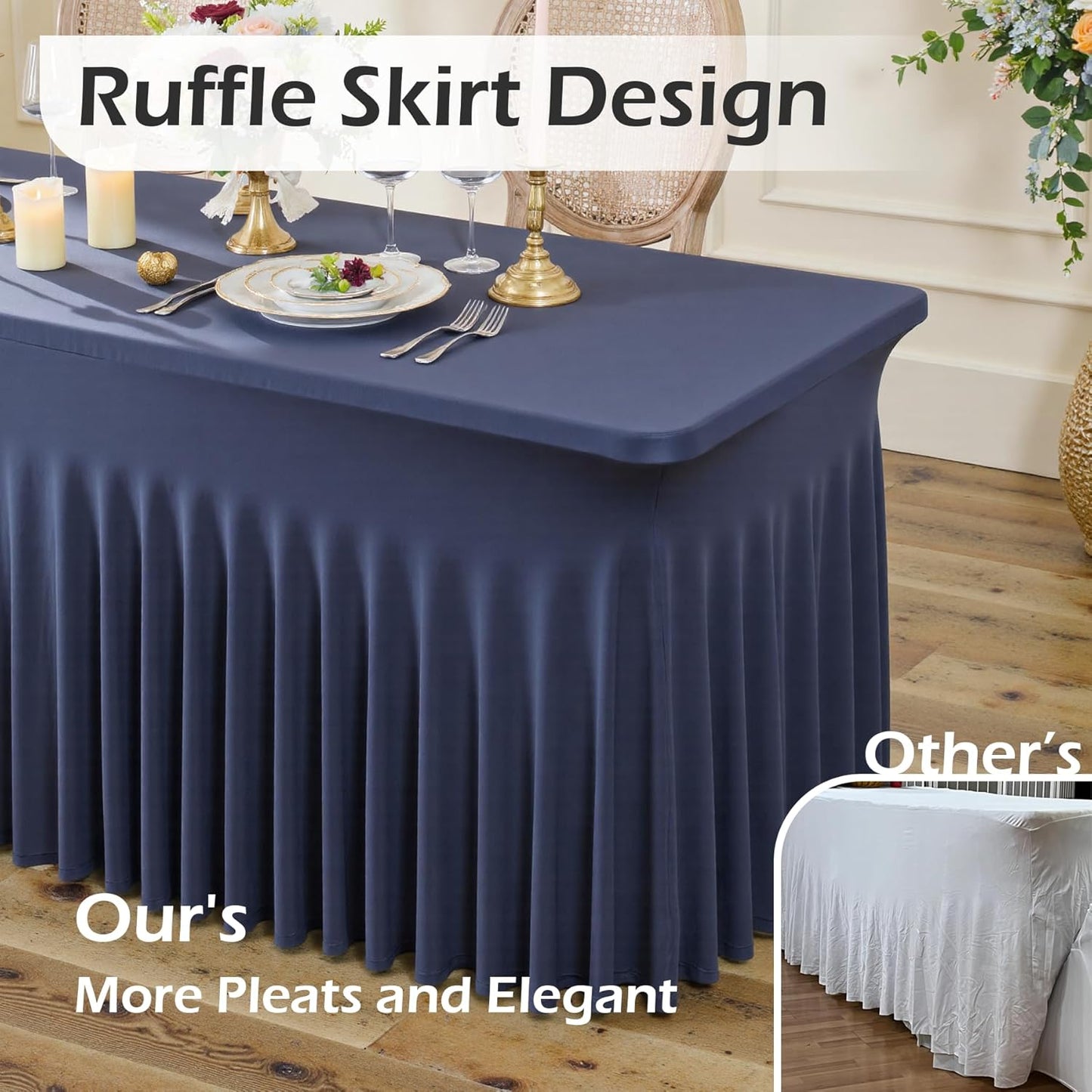 4 pk Navy Blue Spandex Tablecloth 6ft with Ruffled Skirt, Wrinkle Free High Stretch Fitted Tablecloths for 6 Foot Rectangle Tables, Elastic Navy Spandex Table Covers 6 ft for Graduation Wedding Party
