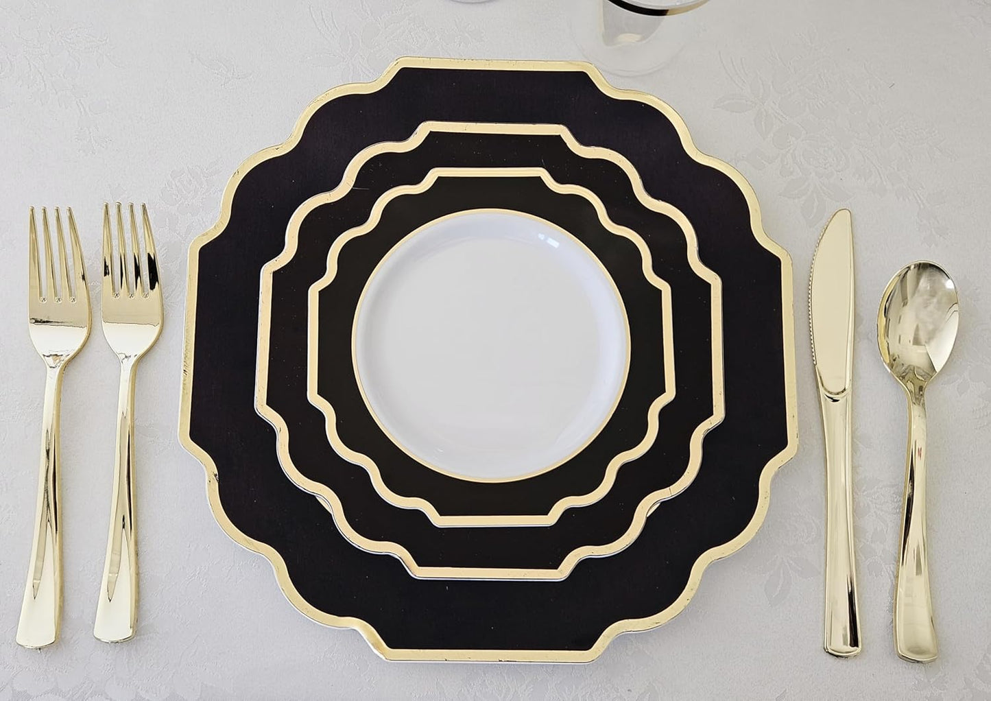 " OCCASIONS " 80 Plates Pack,(40 Guests) Heavyweight Premium Wedding Party Disposable Plastic Plates Set -40 x 10.5'' Dinner + 40 x 8'' Salad/Dessert (Imperial in Black & Gold)