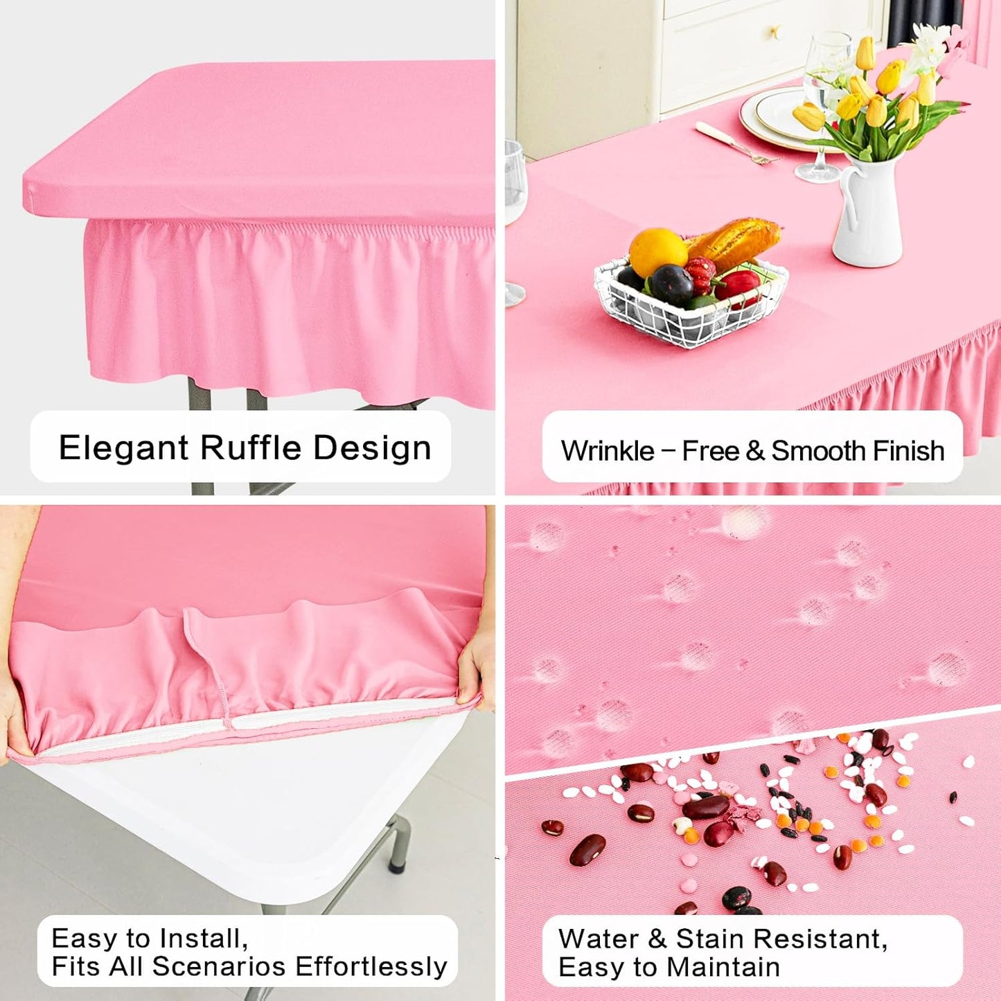 4ft Pink Stretch Tablecloth for Rectangular Tables - Flared Wrap Design, Waterproof, Wrinkle-Resistant, Washable - Ideal for Weddings, Parties, Banquets & Table Protection