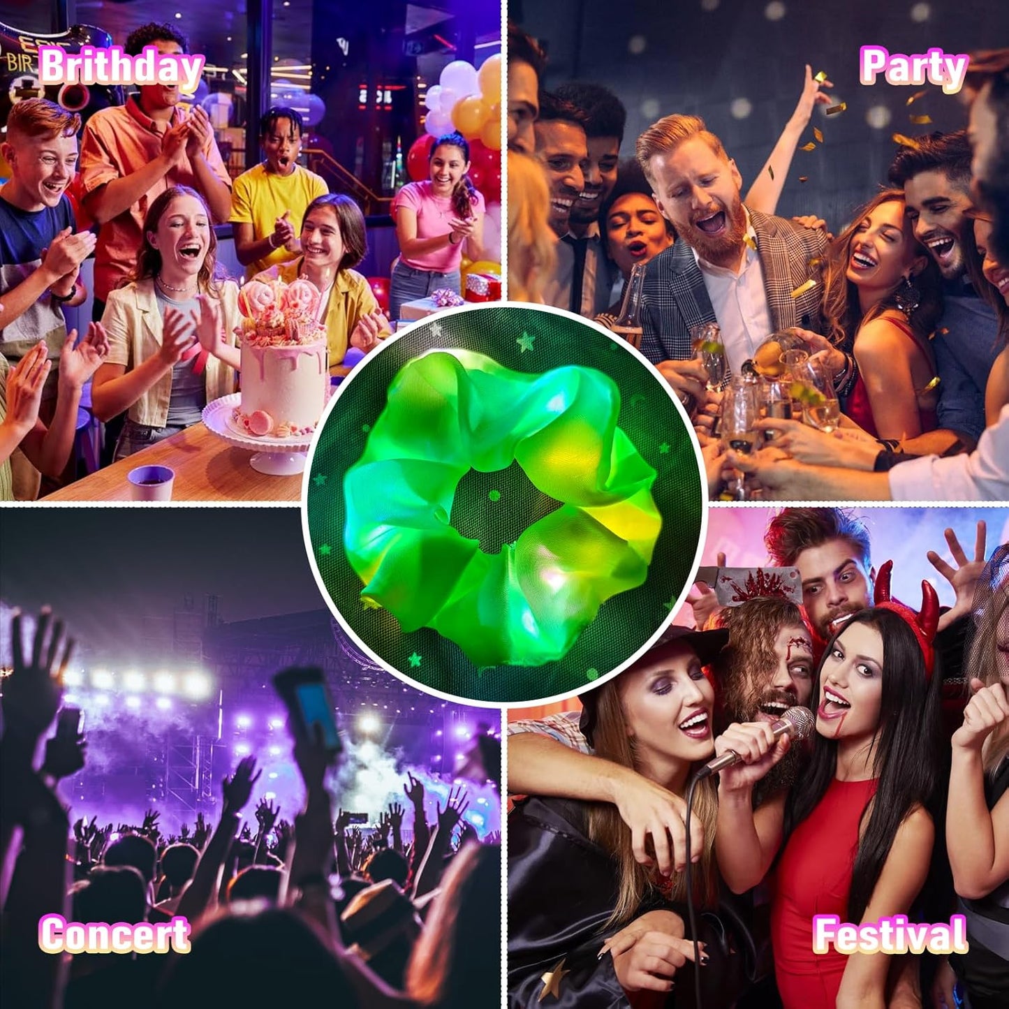 6 Pcs LED Scrunchies for Women, Colorful Satin Scrunchy, Light Up Scrunchies for Girls, 3 Light Modes, Glow in the Dark Hair Accessories