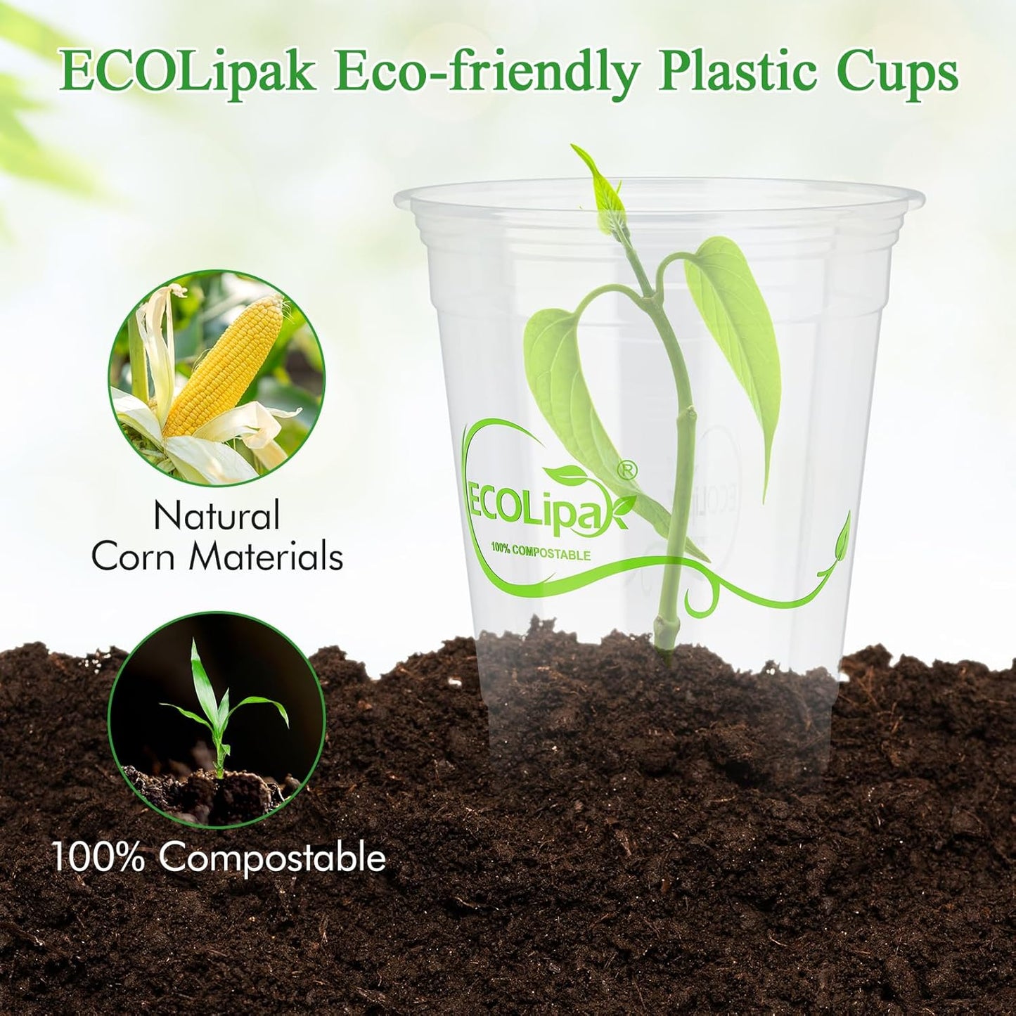 ECOLipak 1000 Count 16 OZ Clear Compostable Plastic Cups, Disposable Plant-Based Biodegradable Drinking Party Cups, PLA Plastic Cold Tumblers for Restaurant, Office, Canteen, Large Gathering