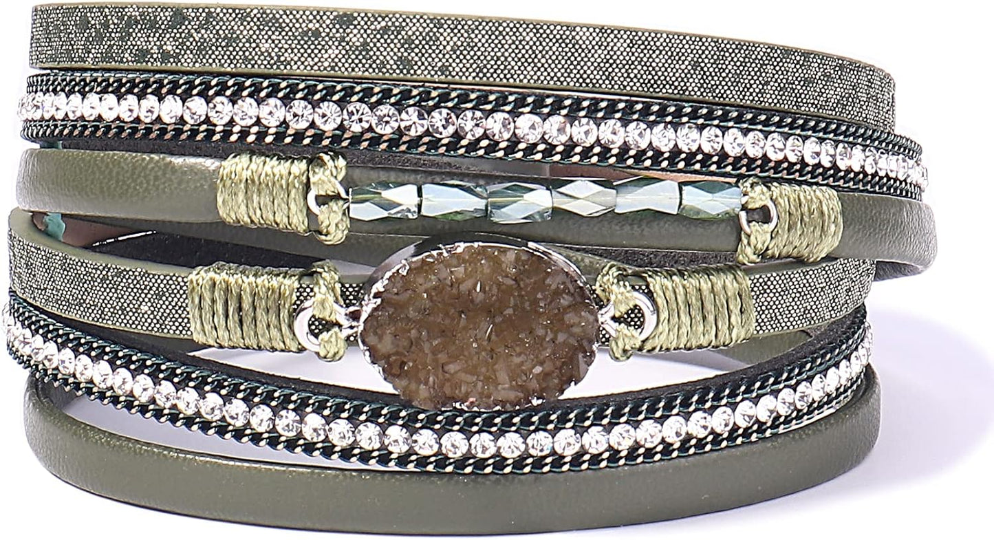 FANCY SHINY Leather Wrap Bracelet Boho Cuff Bangle Bracelets Crystal Bead Bracelet with Magnetic Clasp Jewelry Gifts for Women