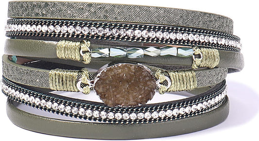 FANCY SHINY Leather Wrap Bracelet Boho Cuff Bangle Bracelets Crystal Bead Bracelet with Magnetic Clasp Jewelry Gifts for Women