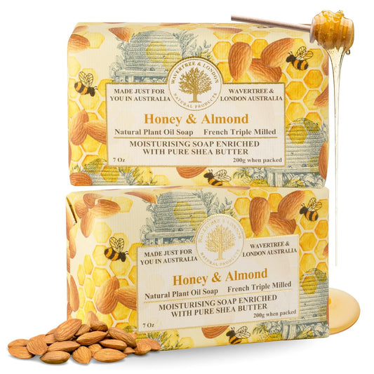 Wavertree & London Honey Almond Scented Natural Soap (2 Bars), 7oz Moisturizing French Triple Milled Soap Bars enriched with shea butter - Pure Plant Based Bath & Body Bars for All Skin Types