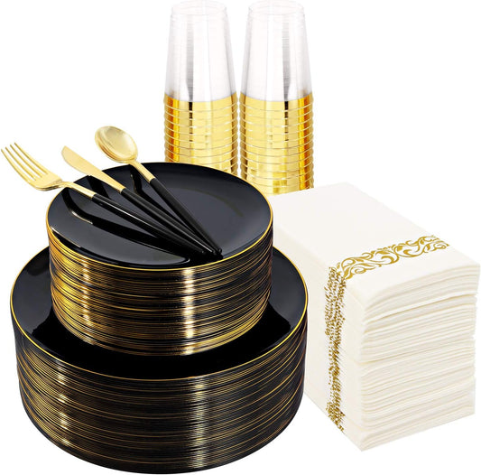 Supernal 350pcs Black Plastic Dinnerware Set - Black and Gold Plastic Plates, Gold Silverware Set, Wedding Party Plate, Cups Prefect for Halloween, Thanksgiving, Christmas Party and New Year